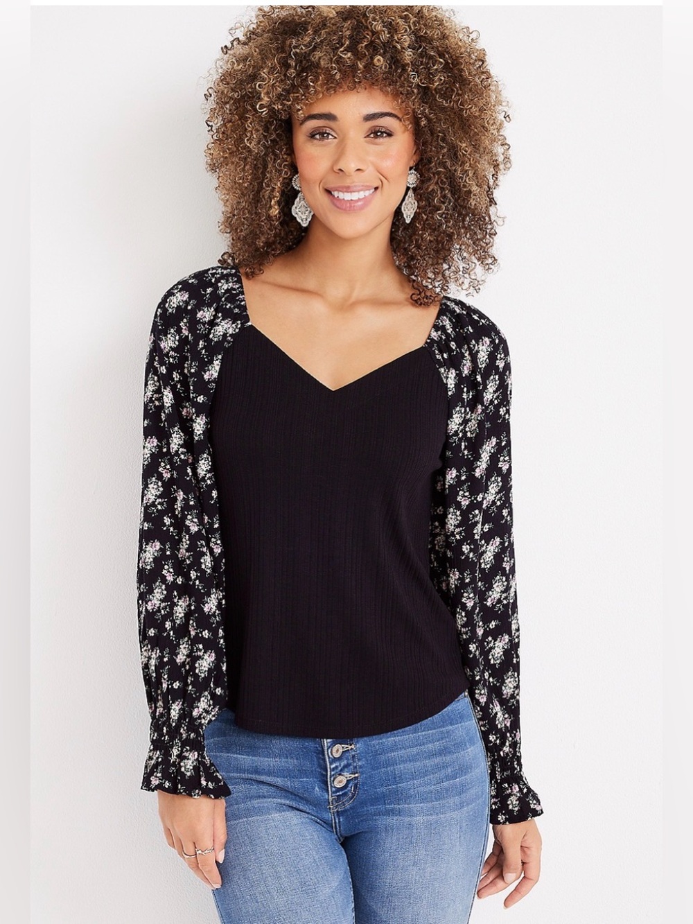 Floral Sleeve Sweetheart Neck Blouse by Maurice’s, Black, XL